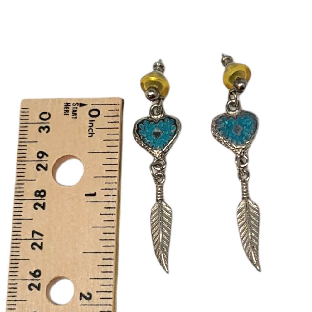 Vintage Pewter Turquoise Heart Feather Dangle Earrings Signed EGE 1991 Southwest - Picture 3 of 4